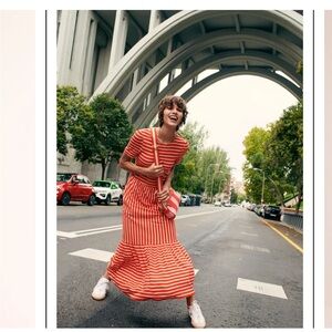 Boden Emma Tiered Jersey Midi T-Shirt Dress Red/Orange & White US 8